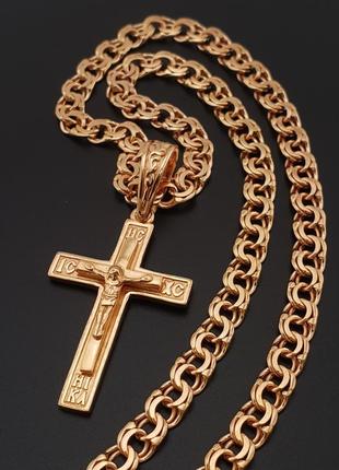 Позолоченная мужская серебряная цепочка с крестиком. мужская цепь бисмарк и кулон крест позолота 585. 55 см