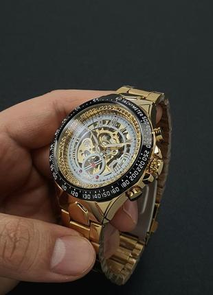 Мужские механические наручные часы скелетоны с автоподзаводом winner 8067 gold-black-white4 фото