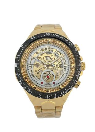 Мужские механические наручные часы скелетоны с автоподзаводом winner 8067 gold-black-white2 фото