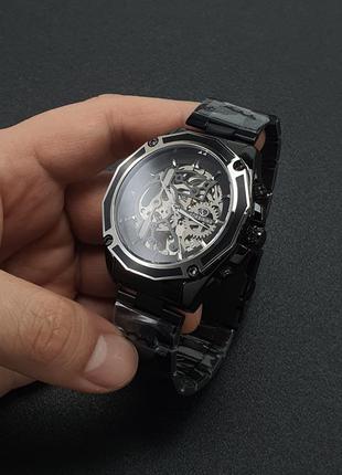 Мужские механические наручные часы скелетоны с автоподзаводом  forsining 8130 black-silver