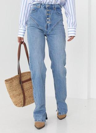 Женские джинсы прямого кроя на пуговицах с фигурной кокеткой - 38 размер3 фото