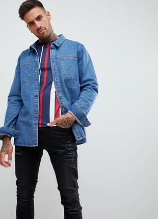Синяя выбеленная джинсовая рубашка в стиле милитари boohooman