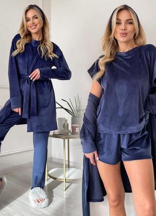 Набор домашний велюр 5-ка штаны, шорты, футболка, халат, повязка синий 726