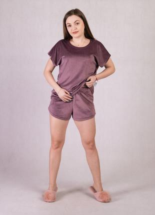 Пижама женская велюровая шорты футболка однотонная розовый р.46-542 фото