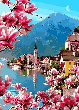 Алмазна мозаїка вишивка село гальштат австрія цвітіння магнолії на підрамнику повна 5d 40х50 см