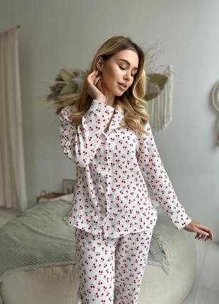 Женская муслиновая пижама штаны+рубашка с карманами вишенки cosy
