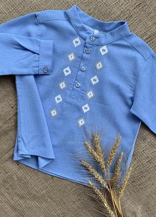 Рубашка вышиванка для мальчика голубая лен,1 фото