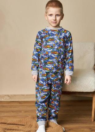 Качественная детская пижама для мальчика тачки с длинным рукавом, размеры 98-122
