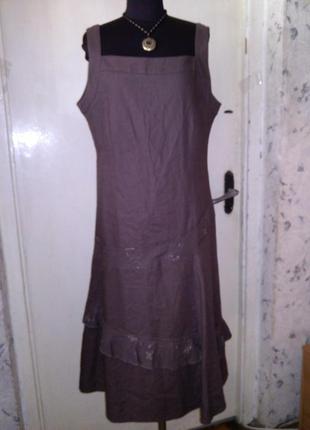 Льняной,лён,"шоколадный" сарафан-платье-трапеция,с оборкой и вышивками,бохо,diane laury6 фото
