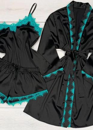 Атласный халат и пижама комплект тройка с кружевами черный