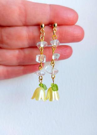 Сережки з жовтими квітами та гірським кришталем ( ручна робота)