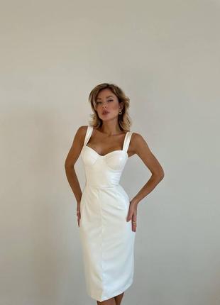 Белое кожаное платье миди с чашкой push up ⚜️премиальное вечернее белое платье из эко-кожи 42 44 46 48 xs s m l xl2 фото