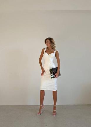 Белое кожаное платье миди с чашкой push up ⚜️премиальное вечернее белое платье из эко-кожи 42 44 46 48 xs s m l xl5 фото