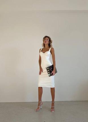 Белое кожаное платье миди с чашкой push up ⚜️премиальное вечернее белое платье из эко-кожи 42 44 46 48 xs s m l xl3 фото