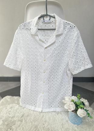 Прямая удлиненная блуза, рубашка с перфорацией, прошвой zara5 фото