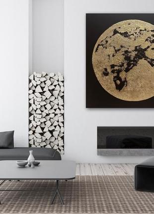 Картина ручная работа акрил золотая черная луна эхо 110/110 см