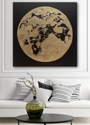 Картина ручная работа акрил золотая черная луна эхо 110/110 см