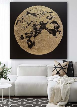 Картина ручная работа акрил золотая черная луна эхо 110/110 см