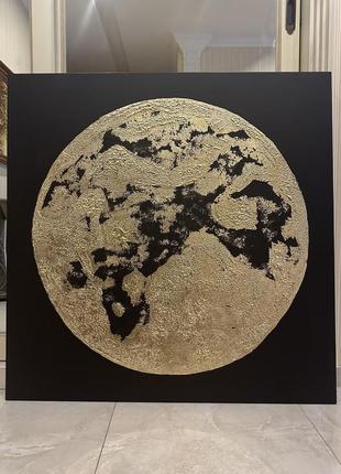 Картина ручна робота акрил золота чорна місяць луна 110/110 см2 фото