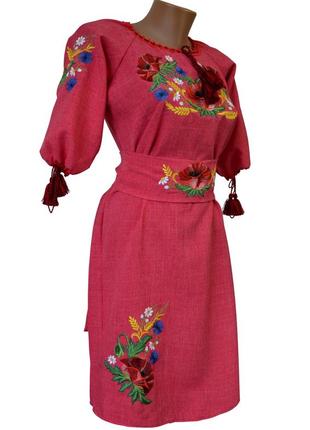 Вышитое платье на цветном льне с орнаментом «мак-волочка»2 фото