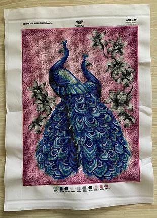 Картина вишита бісером, вишита бисером павлины, павліни картина hand made.