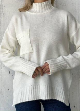 Женский свитер джемпер оверсайз молочный мирер с высоким горлом и разрезает oversize 42-463 фото