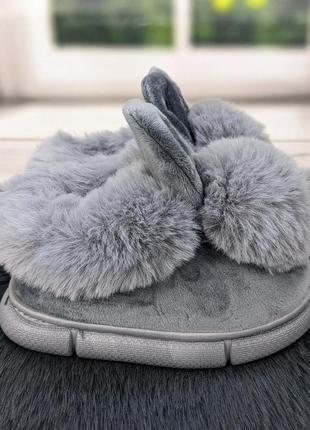 Тапочки детские домашние закрытые с меховой опушкой и ушками серые 5203