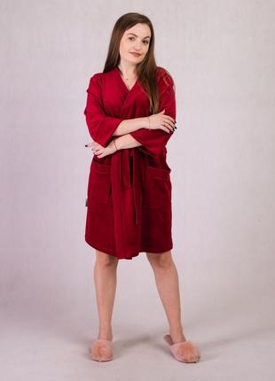 Женский халат велюровый короткий, бордовый 2124