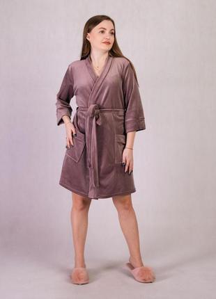 Женский халат велюровый короткий, на поясе 21242 фото