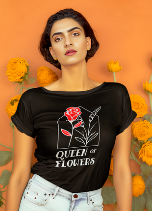 Футболка черная с оригинальным принтом для флориста "queen of flowers. королева цветов" push it