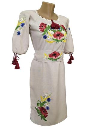 Жіноче вишите плаття до колін з квітковим орнаментом «мак-волошка»
