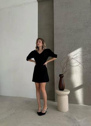 Лляна стильна якісна чорна сукня з відкритою спиною на зав‘язках