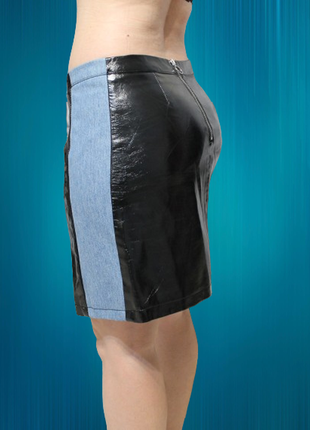 Юбка комбинированная под кожу лаковая латексная джинсовая чёрная виниловая миди мини юбочка юпка1 фото