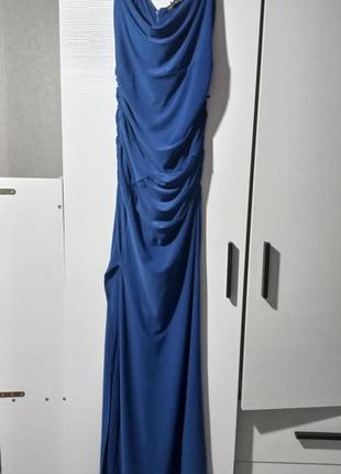 Синее вечернее макси платье на выпускной с разрезом10 фото