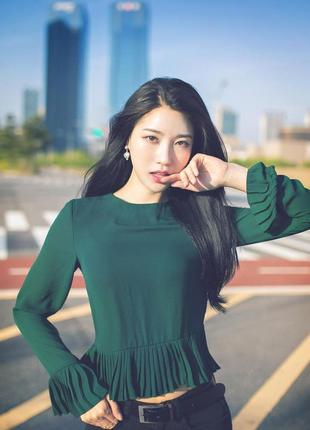 Блуза с баской, блузка плиссе, блузка изумрудного цвета, нарядная блузка, кофточка, лонгслив