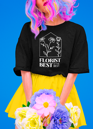 Футболка чорна з принтом для флориста "florist best of the best. флорист кращий з кращих
