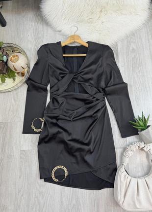 Платье черное сатин, plt, с узлом и вырезами, шикарное, размер xs5 фото
