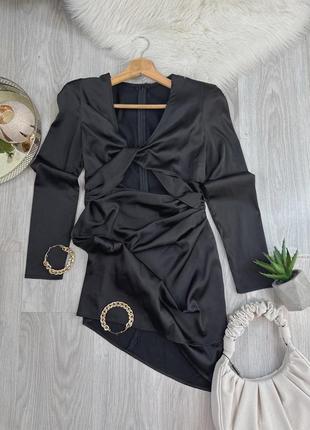 Платье черное сатин, plt, с узлом и вырезами, шикарное, размер xs2 фото