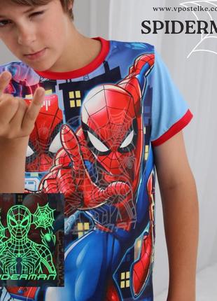 Дитяча піжама з бавовни людина павук spider man короткий рукав світиться. розміри від 3х до 13 років.