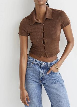 Кофта топ топик футболка блуза рубчик рубчік еластичний блузка сорочка рубашка h&m однотонна коричнева кежуал коричневая базовая базова джемпер