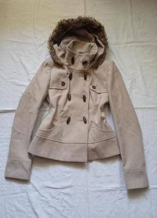 Пальто укороченое вкорочене півпальто деми полупальто беж бежеве бежевое нюдове с капюшоном s m1 фото