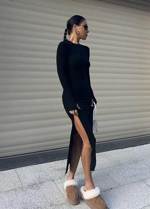 Платье миди однотонное на длинный рукав с разрезом по ноге приталено качественная, базовая черная мокко2 фото