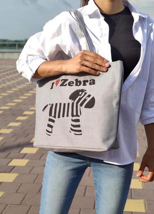 Текстильная сумка "zebra" серая с принтом зебры4 фото