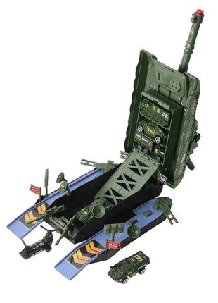 Дитячий гараж паркінг танк 3 машини на батарейках в асортименті зелений/синій hs8010a/b5 фото
