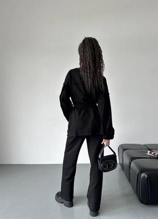 Костюм женский однотонный кимоно прямого кроя на запах с поясом с карманами брюки свободного кроя на высокой посадке качественный черный кэмел2 фото