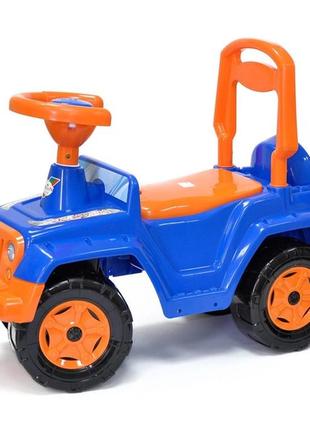 Толокар машинка каталка orion синий/оранжевый с поворотными колесами и звуковым сигналом + багажник 549