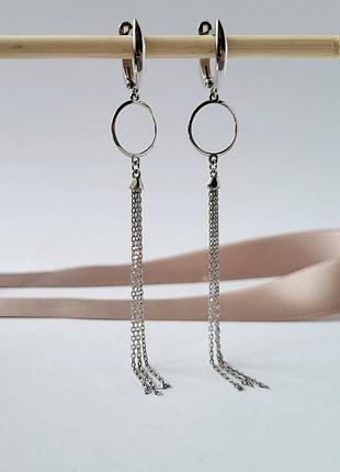 Серебряные длинные сережки серьги без камней цепочки серебро 925 пробы родированное 82823 3.07г