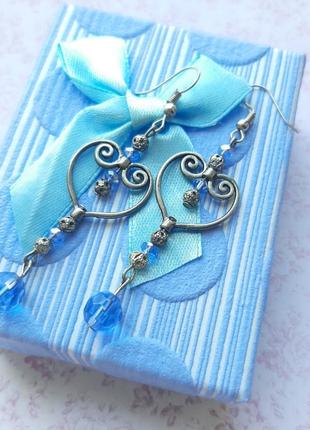 Ніжні сережки ажурні підвіски довгі красиві сережки голуб серебр филигран hand ручн