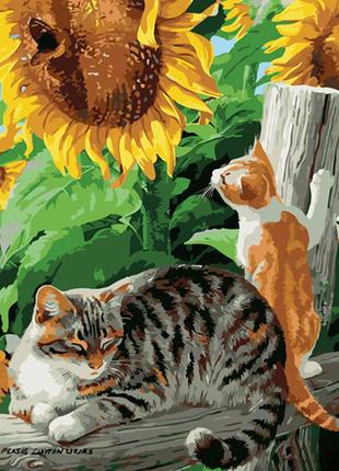 Картина по номерах котики під соняшниками strateg 40х50 см gs1053