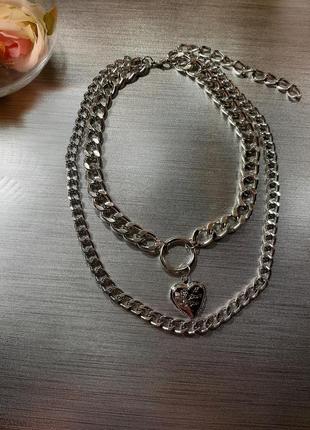 Колье цепь цепочка ожерелье с сердцем сердечком цвет серебро4 фото